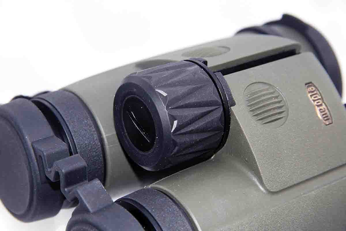 The MeoPro LR 10x42 HD Rangefinding Binocular’s focus knob is oversized and heavily textured for sure purchase while  wet or wearing gloves. It also houses the CR2 battery that powers the rangefinder system.